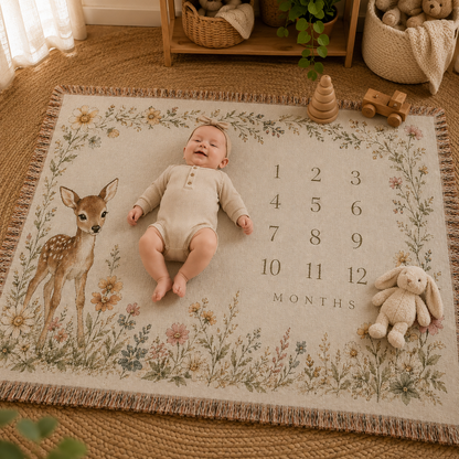 Baby resting on a floral deer milestone woven blanket with nursery toys