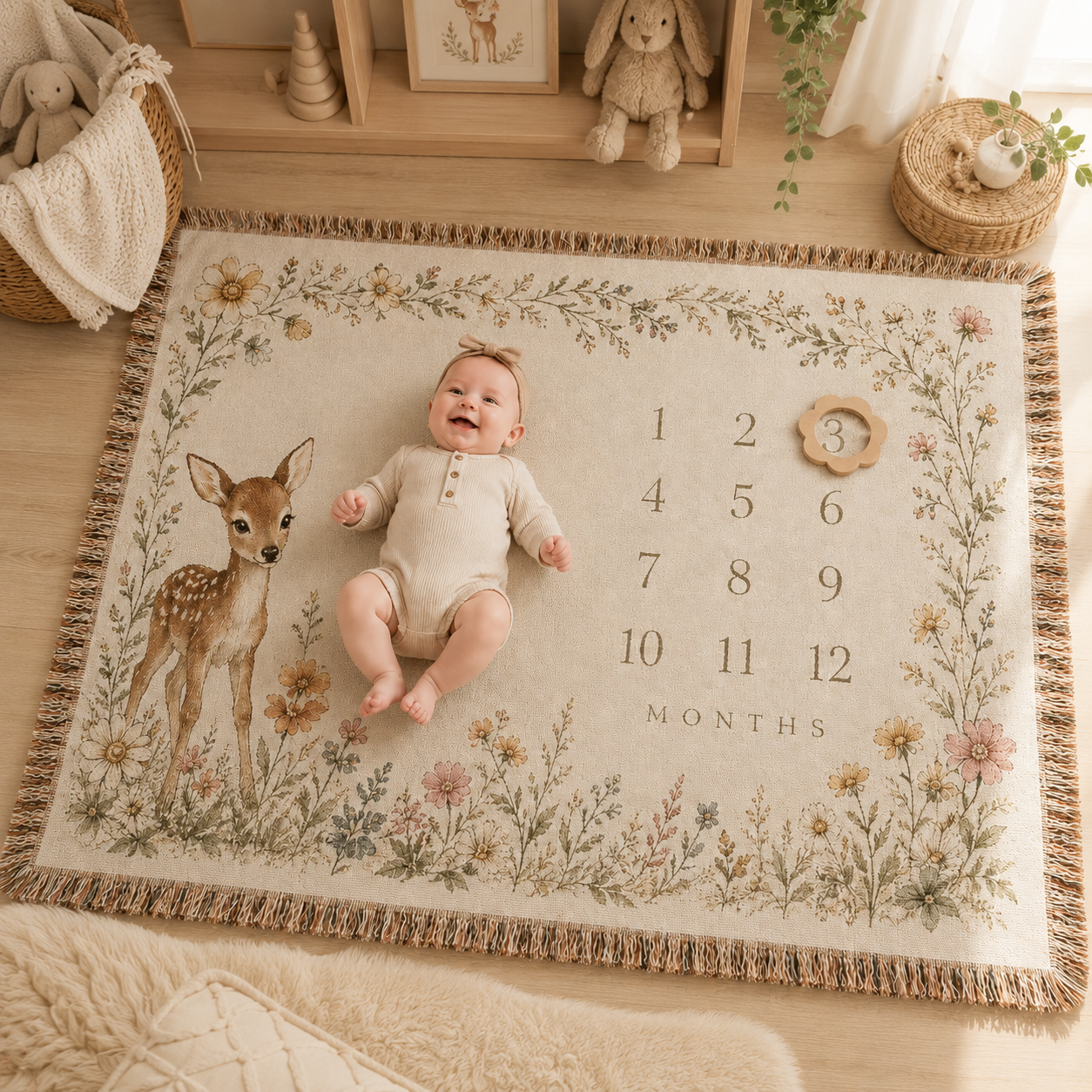Baby on floral deer milestone blanket with three month marker