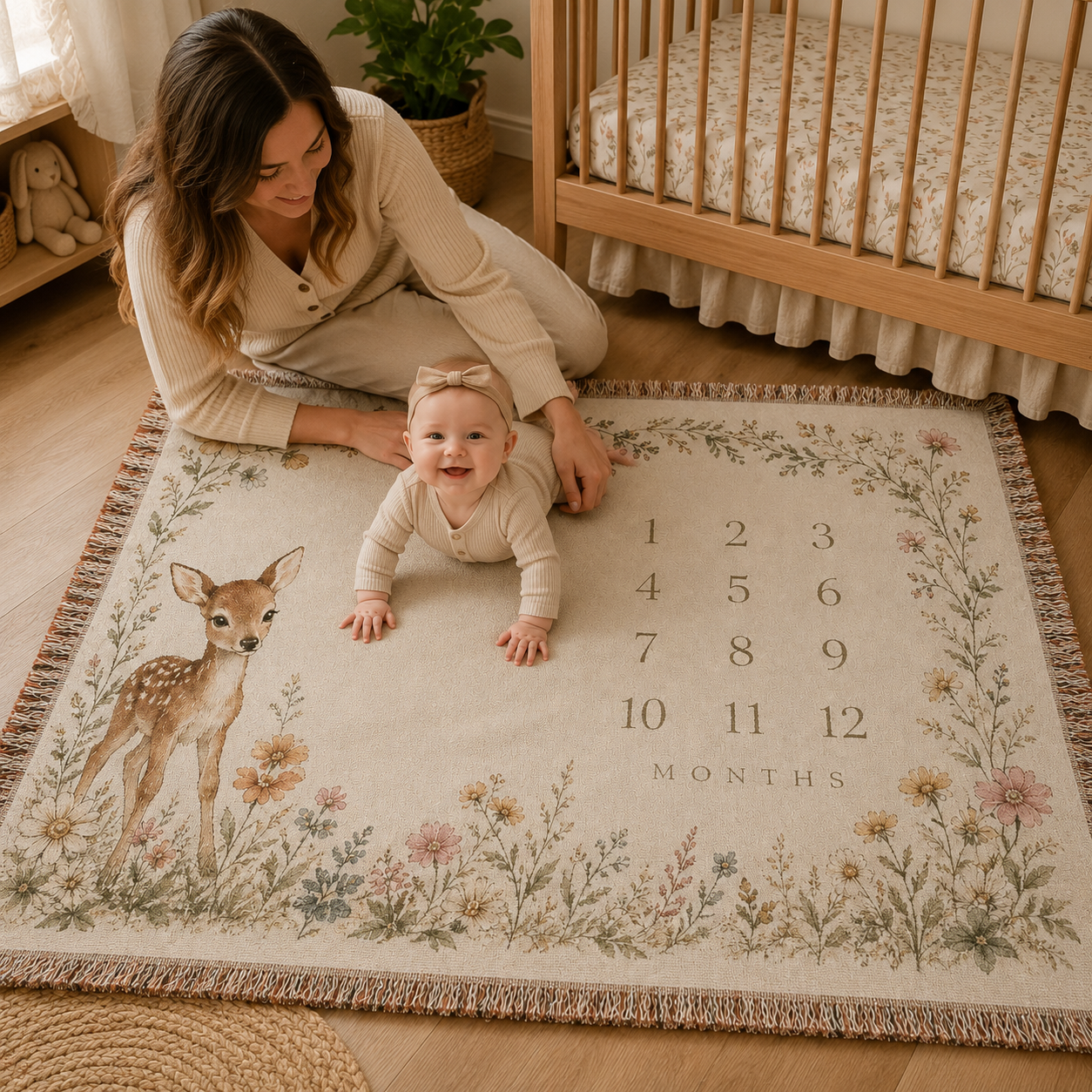 Mother and baby using deer floral milestone woven blanket for tummy time