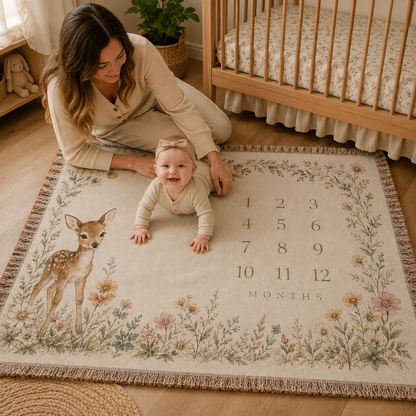 Mother and baby using deer floral milestone woven blanket for tummy time