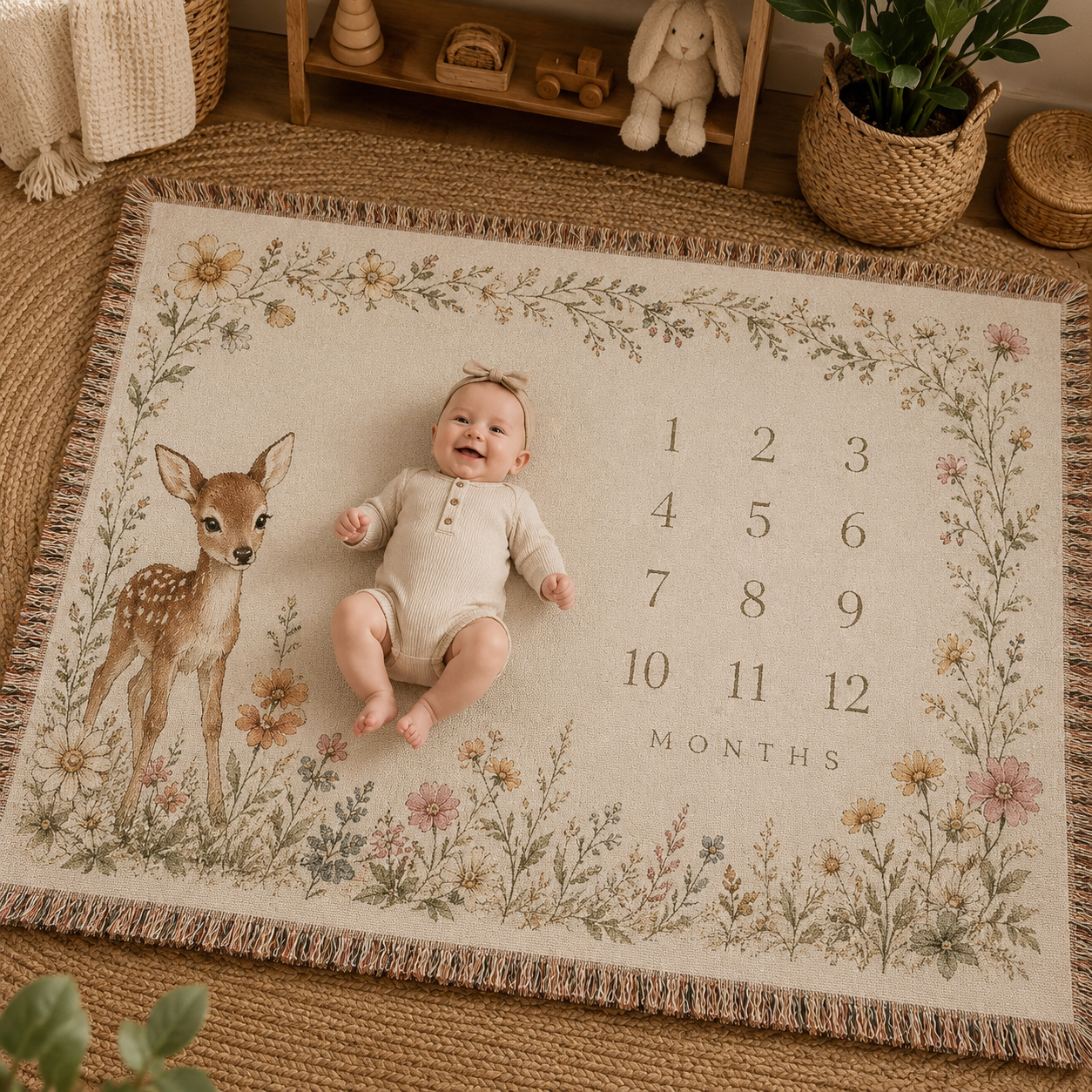 Baby deer floral milestone woven blanket with numbers 1 to 12