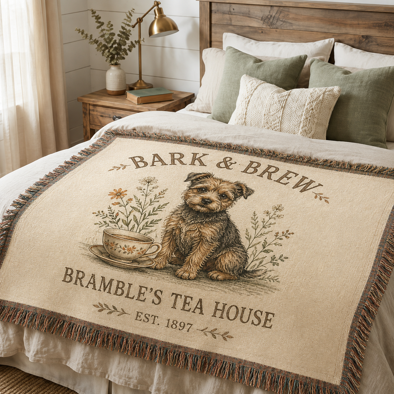 Bark and Brew dog woven blanket styled across a cozy farmhouse bed