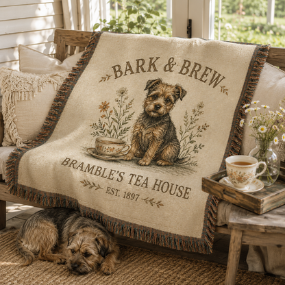 Vintage Bark and Brew dog woven blanket styled on a cottage porch bench