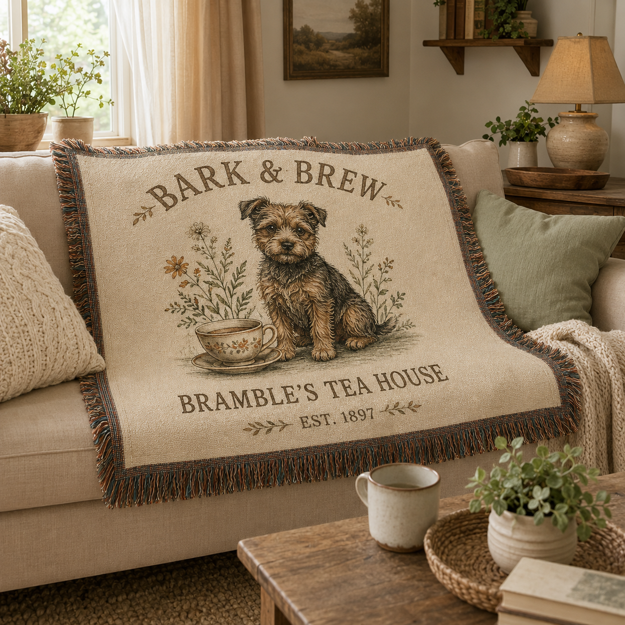 Vintage dog and tea woven blanket displayed on a neutral cottage sofa