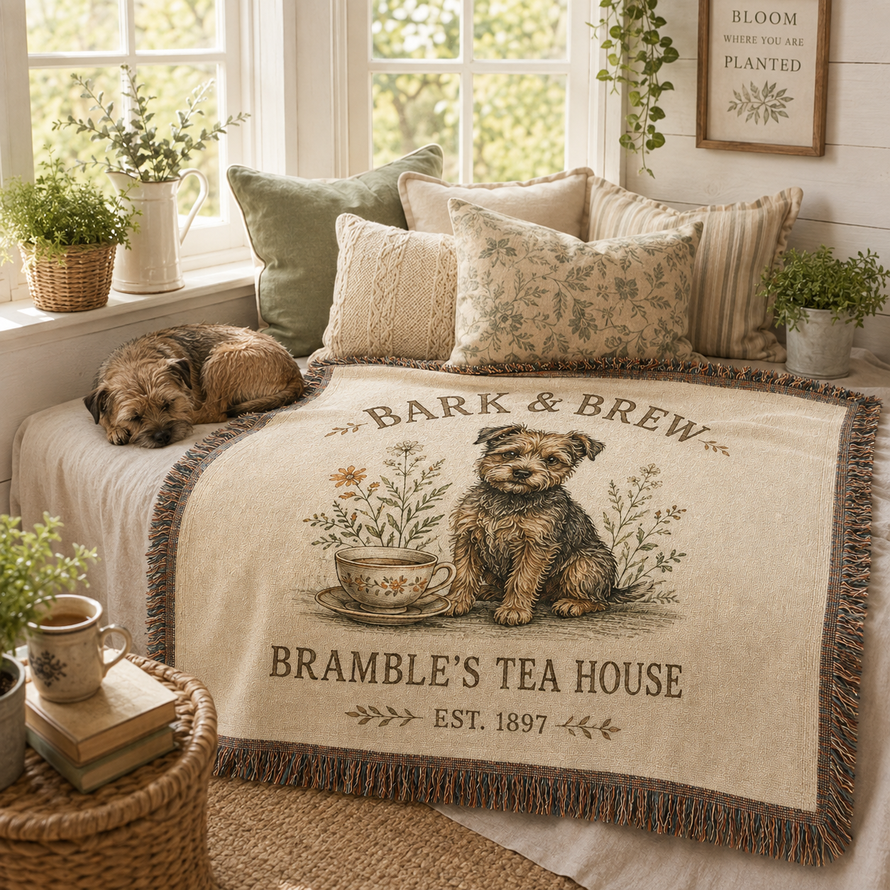 Bark and Brew woven blanket styled in a sunny cottage window seat with a dog