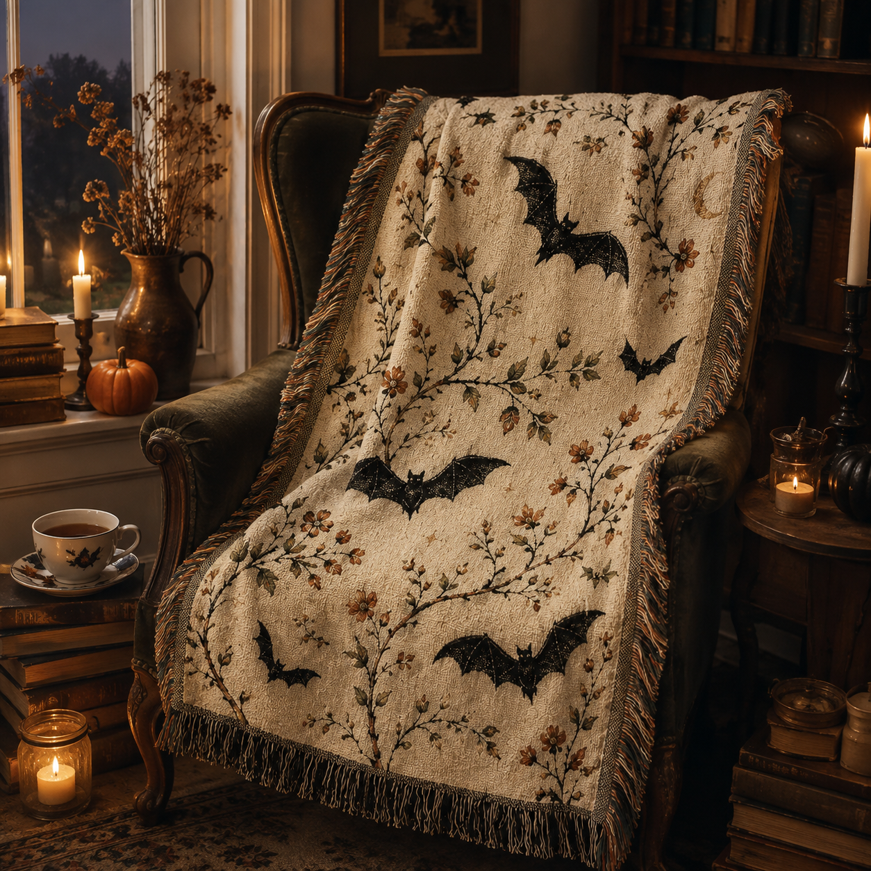 Bat and wildflower woven blanket draped over a vintage Halloween reading chair