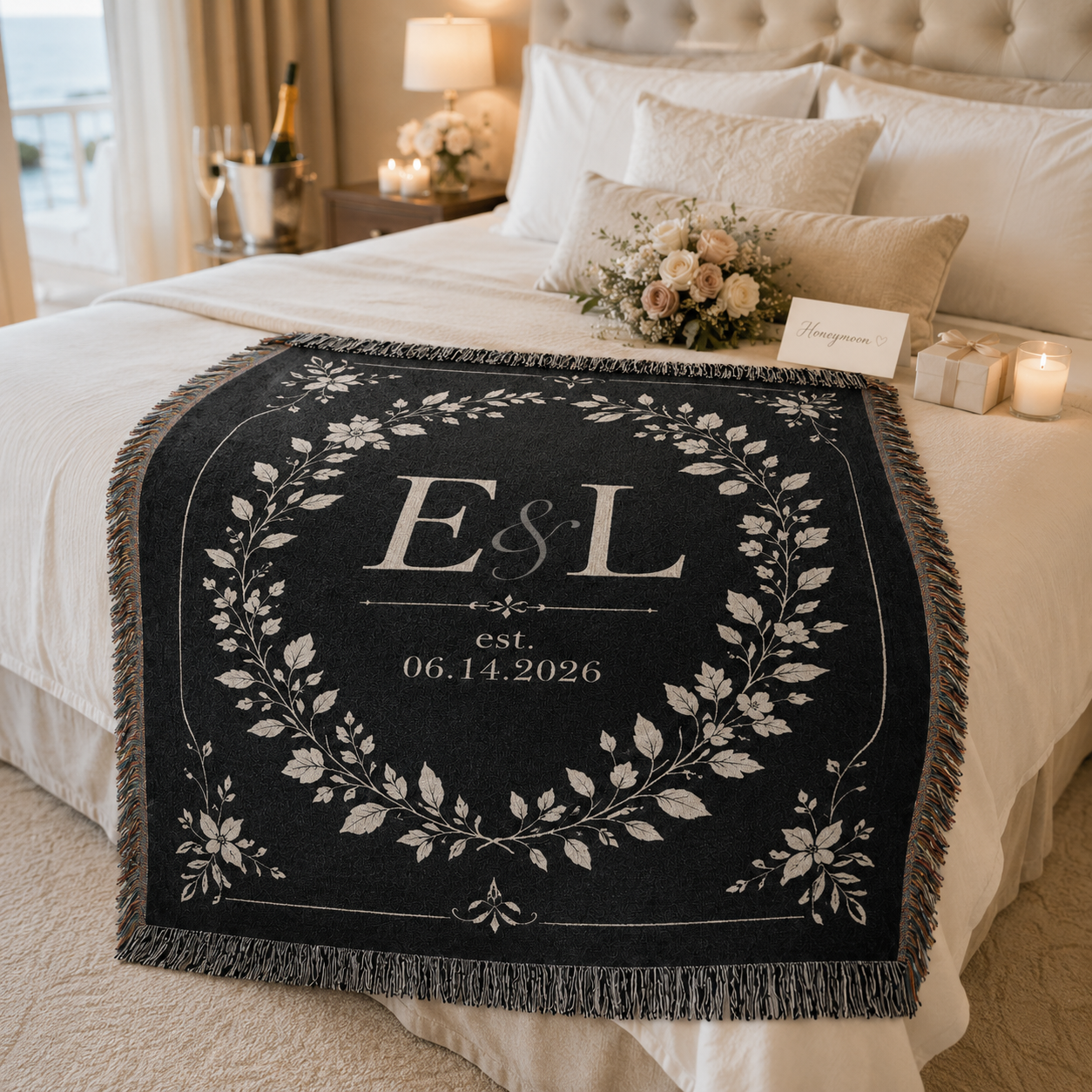Personalized black botanical woven blanket styled in a honeymoon bedroom