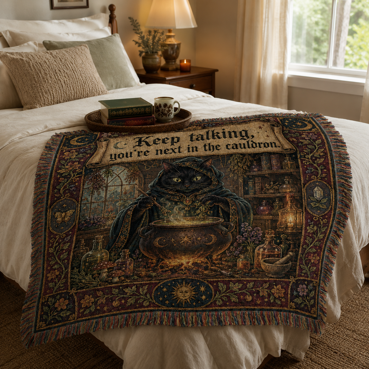 Black cat cauldron woven blanket layered across the foot of a warm neutral bed
