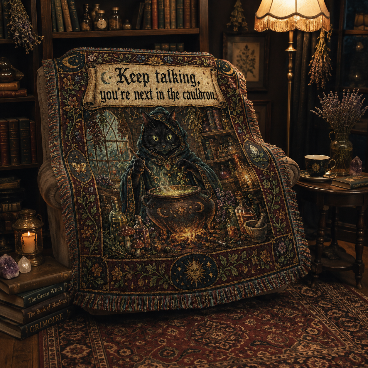 Black cat cauldron woven blanket styled over an armchair in a witchy reading nook