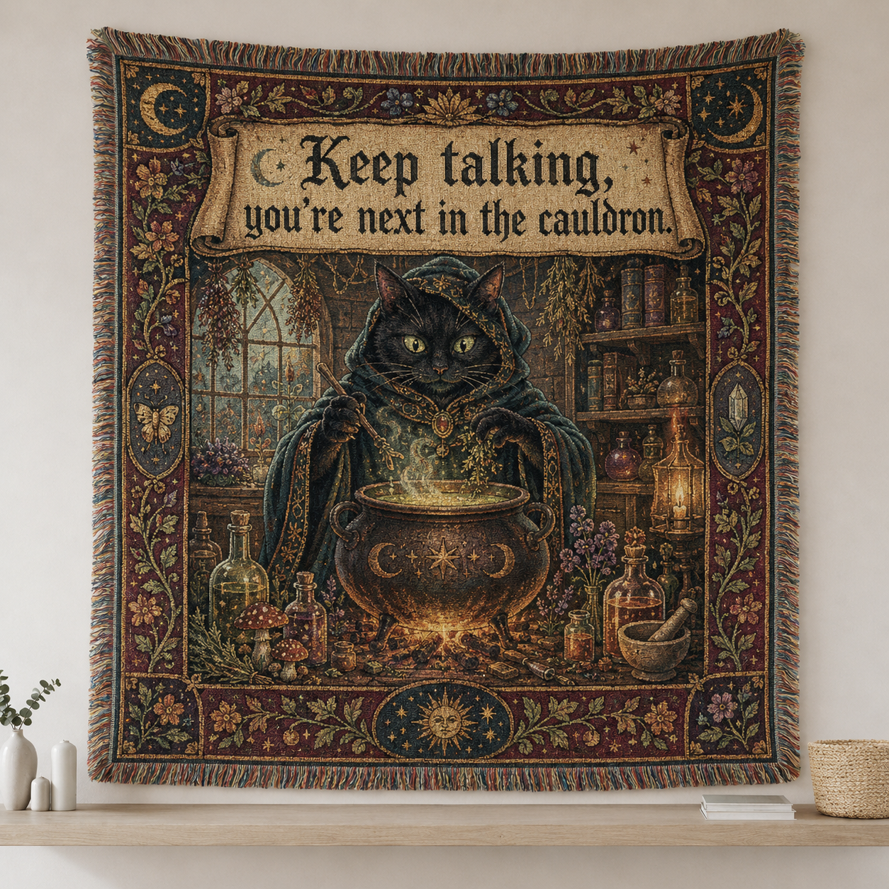 Black cat alchemist woven blanket with cauldron, celestial border and gothic quote