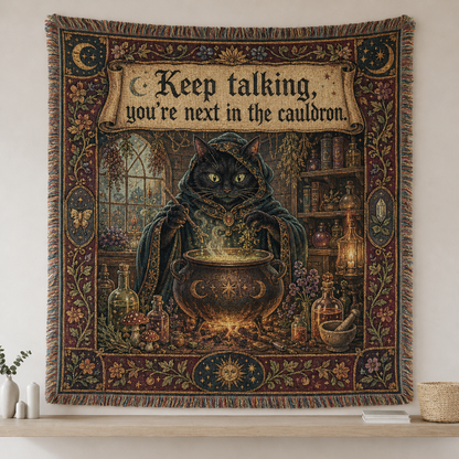 Black cat alchemist woven blanket with cauldron, celestial border and gothic quote