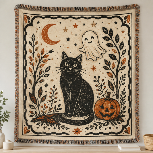 Black cat ghost pumpkin Halloween woven blanket with crescent moon and fringe