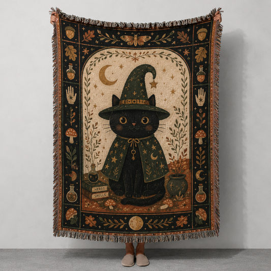 Black cat witch Halloween woven blanket with folk art border and fringe
