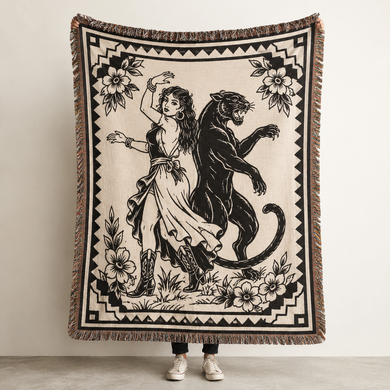 Black panther and boho dancer woven blanket front view