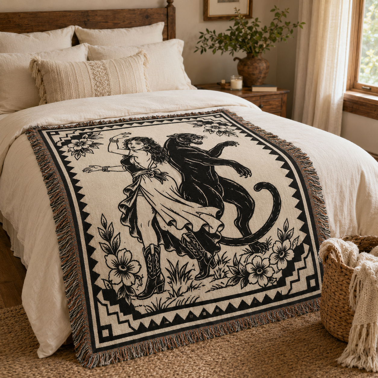 Black panther and dancer woven blanket styled across a bed