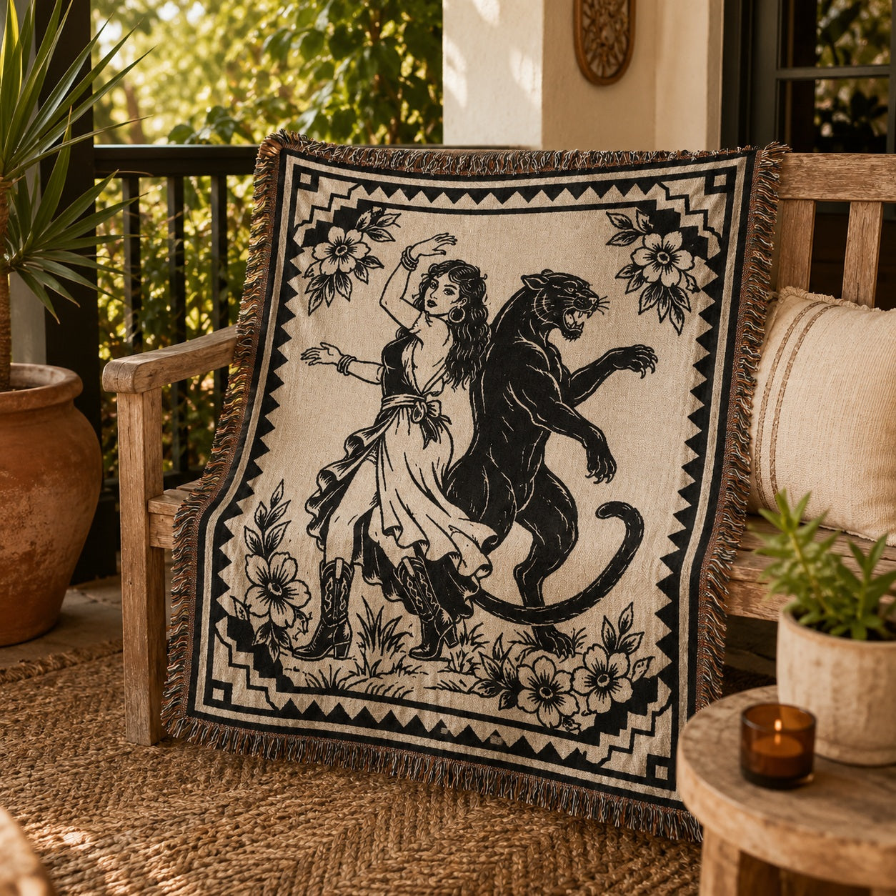 Black panther woven blanket styled on a sunlit patio chair