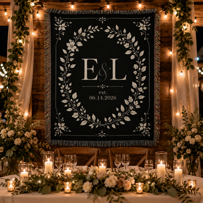 Personalized black botanical wedding blanket used as reception decor