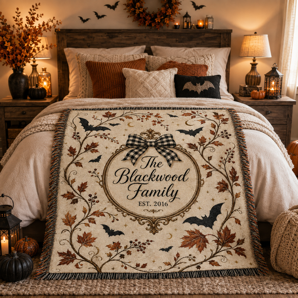 Personalized bat and autumn leaf woven blanket styled across a cozy Halloween bedroom bed