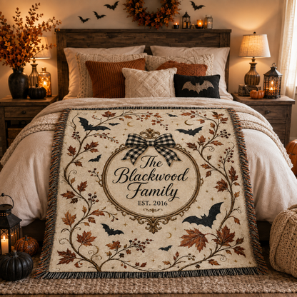 Personalized bat and autumn leaf woven blanket styled across a cozy Halloween bedroom bed