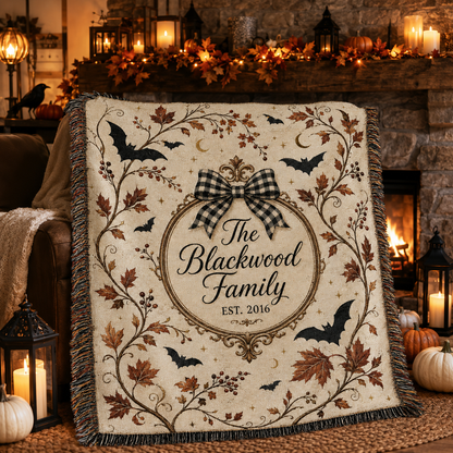 Personalized Halloween family name woven blanket displayed beside a decorated stone fireplace