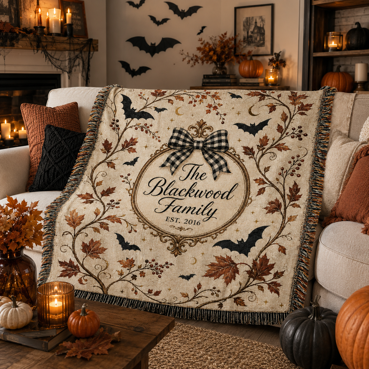 Personalized family name Halloween woven blanket styled on a cozy autumn living room sofa
