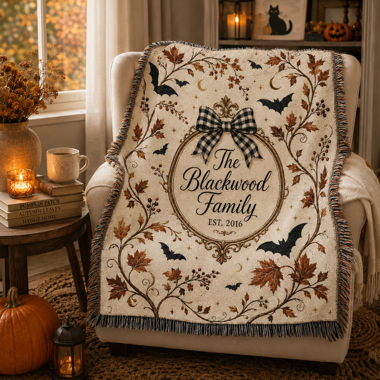 Personalized family name Halloween woven blanket draped over an autumn reading nook chair