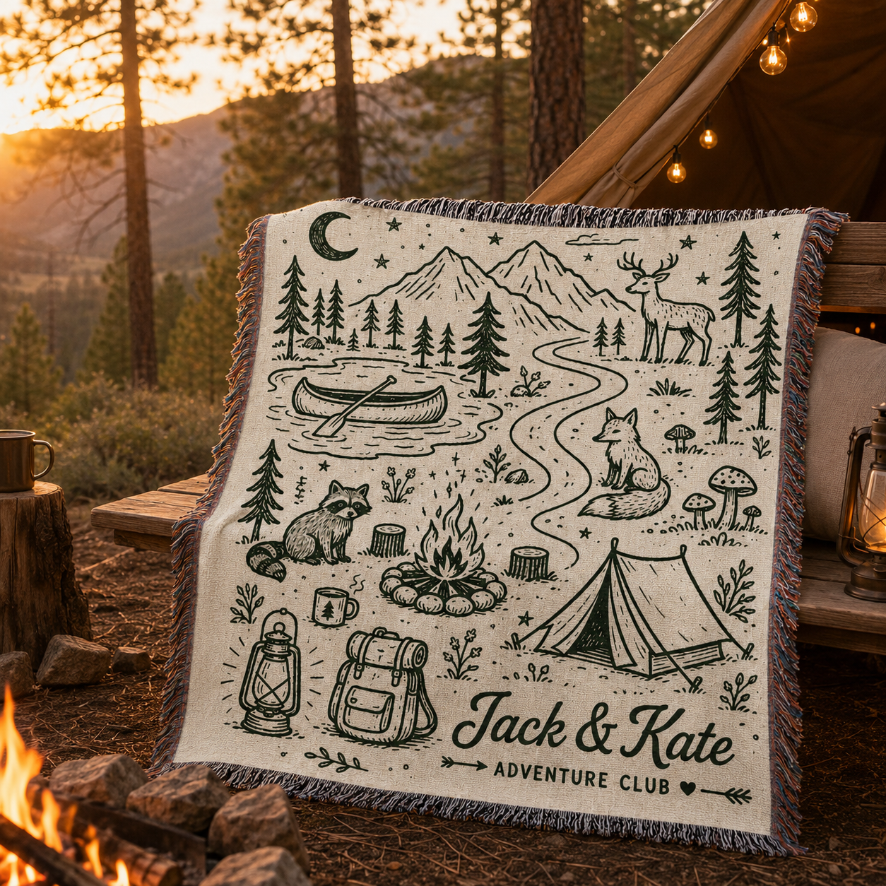 Personalized adventure woven blanket styled at a golden hour campsite