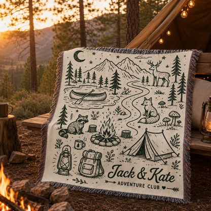 Personalized adventure woven blanket styled at a golden hour campsite