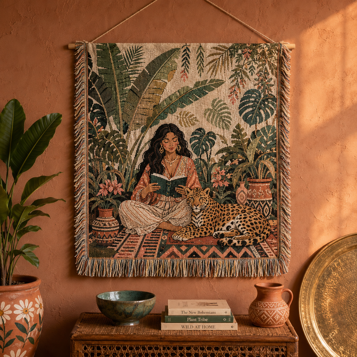 Boho jungle reader woven tapestry with woman reading beside a leopard among tropical plants on a terracotta wall