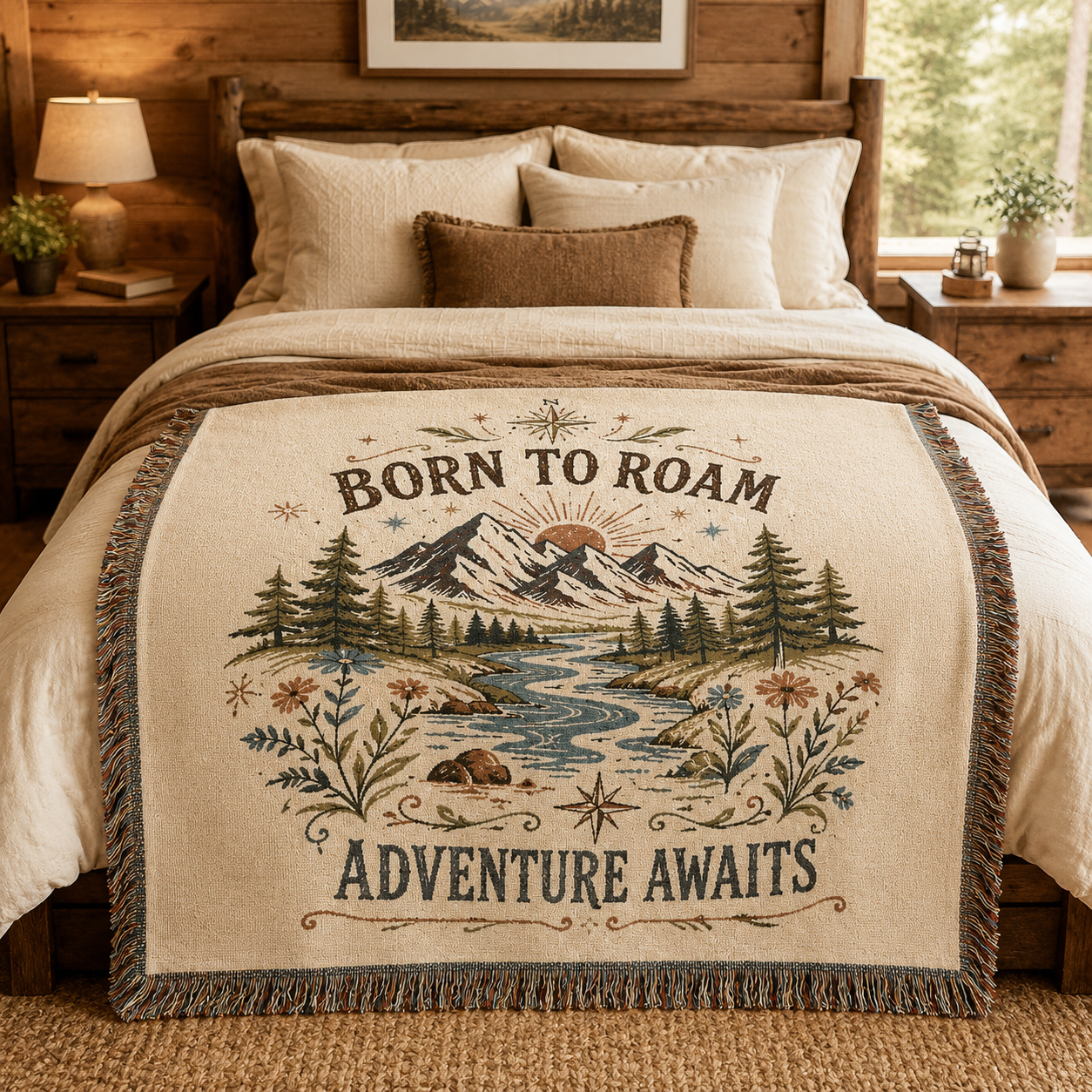 Born to Roam Adventure Awaits woven blanket displayed across a rustic cabin bed