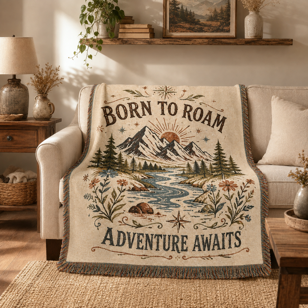 Born to Roam mountain adventure woven blanket styled on a cream sofa