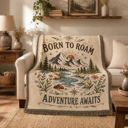 Born to Roam mountain adventure woven blanket styled on a cream sofa