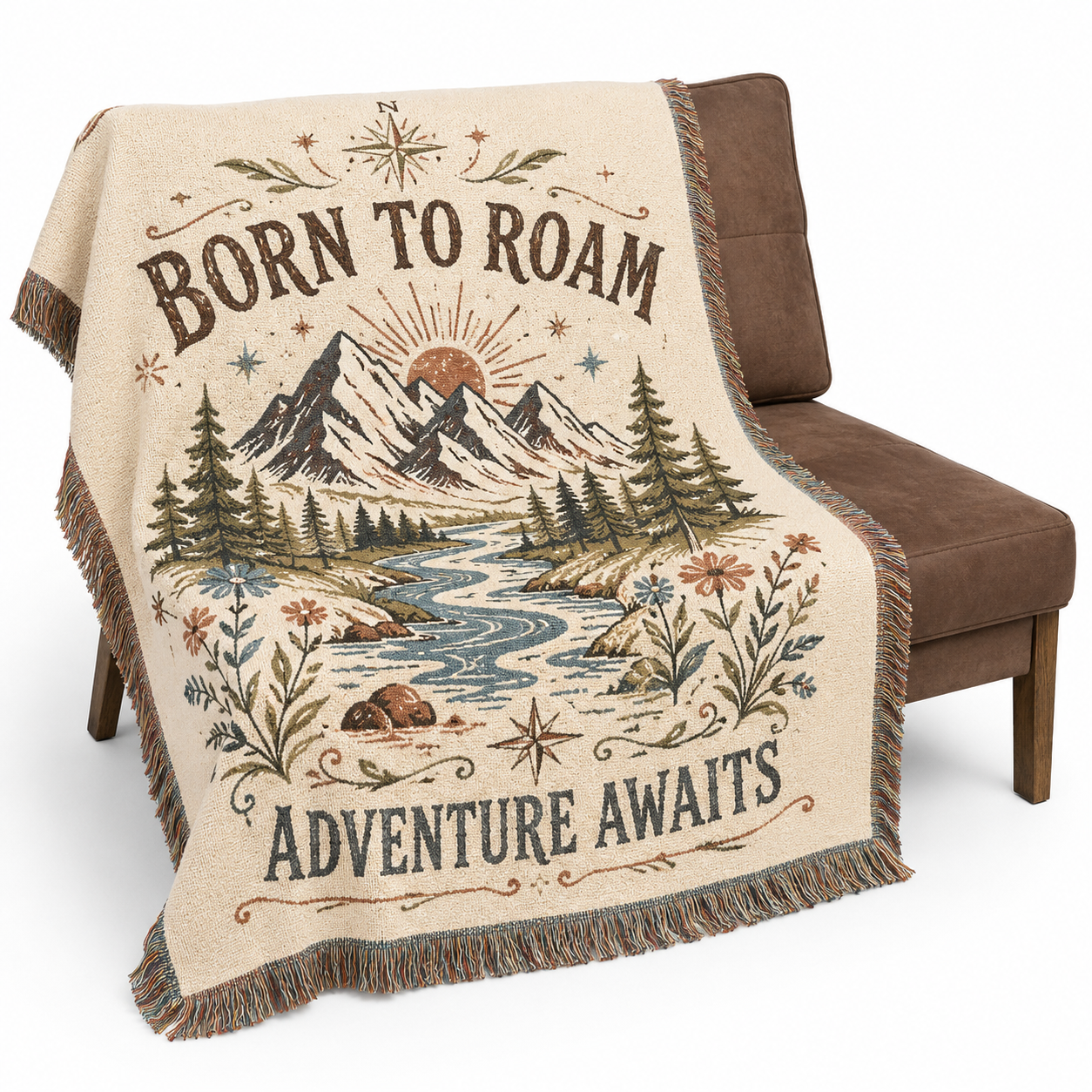 Born to Roam Adventure Awaits woven blanket with mountain river artwork