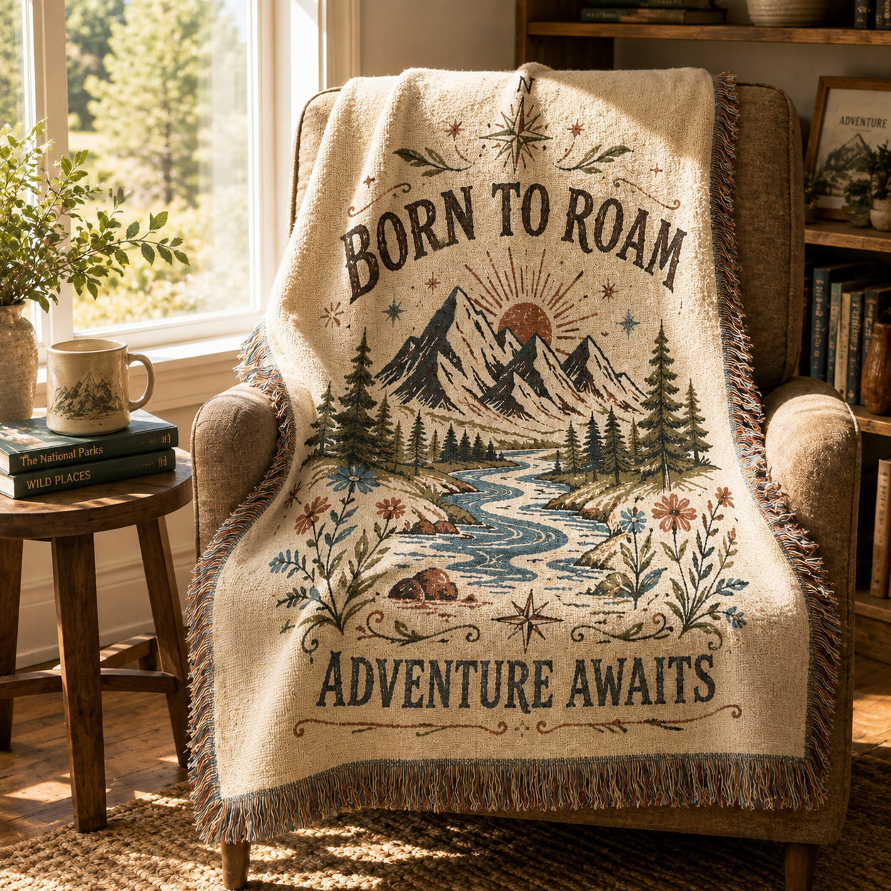 Born to Roam woven adventure blanket styled in a sunlit reading nook