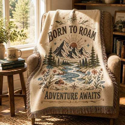 Born to Roam woven adventure blanket styled in a sunlit reading nook