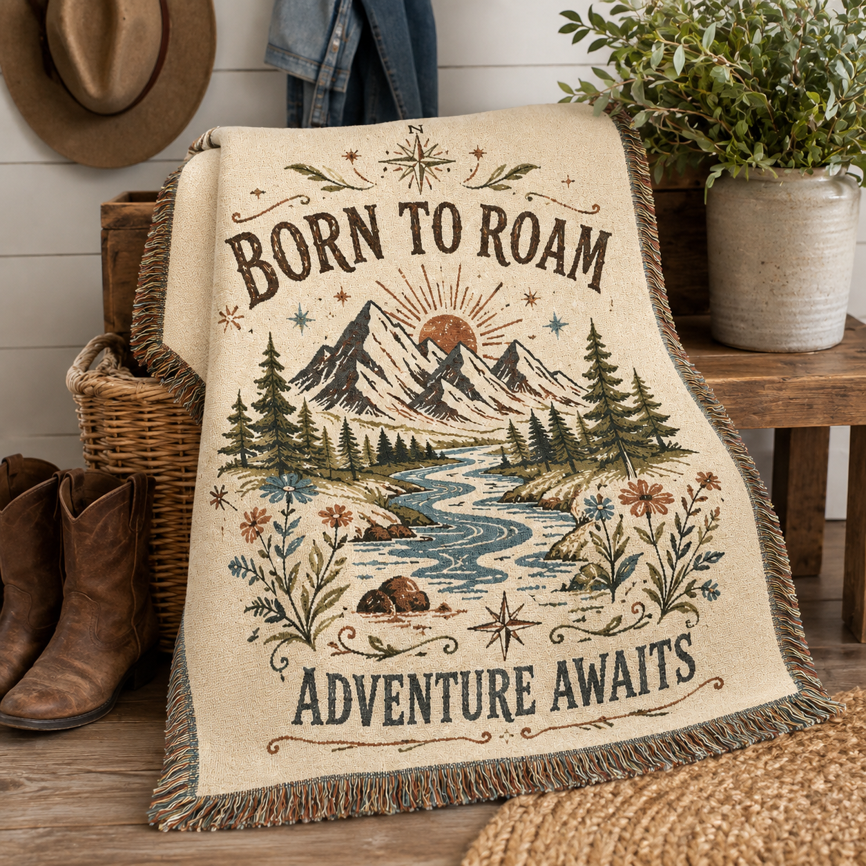 Born to Roam mountain woven blanket styled with western boots and rustic decor