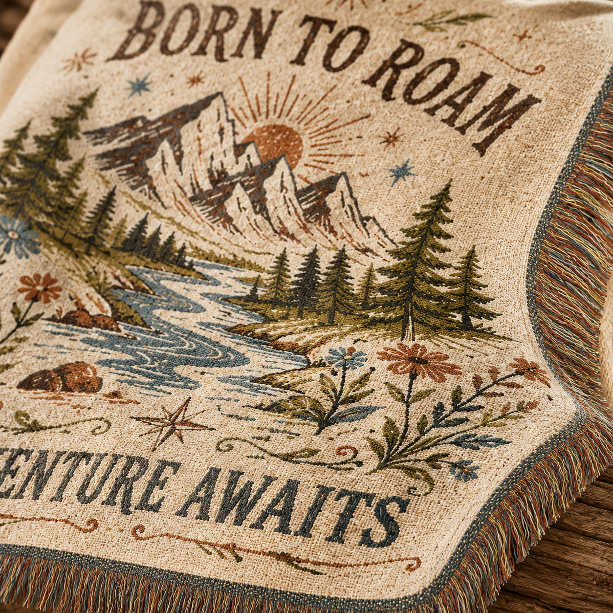 Close-up woven texture and fringe of the Born to Roam adventure blanket