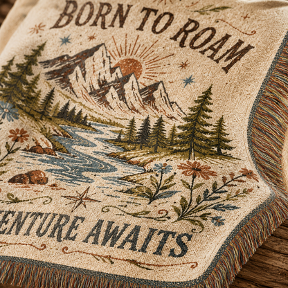 Close-up woven texture and fringe of the Born to Roam adventure blanket