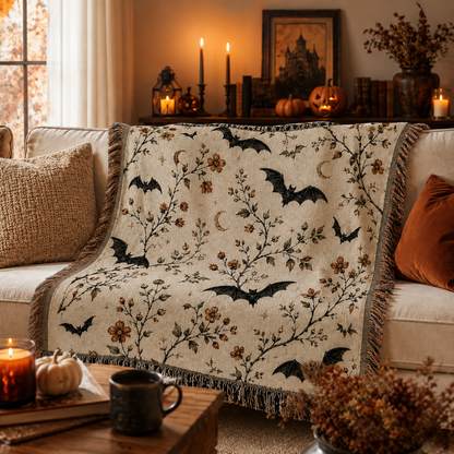 Botanical bat woven blanket styled on a cozy Halloween living room sofa