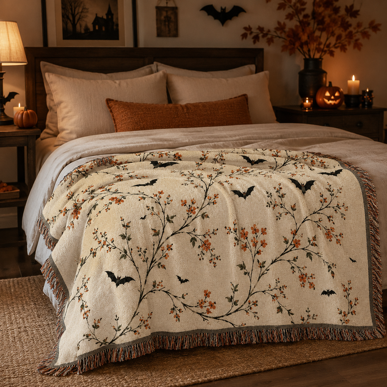 Botanical bat Halloween woven blanket softly draped across a cozy autumn bedroom bed