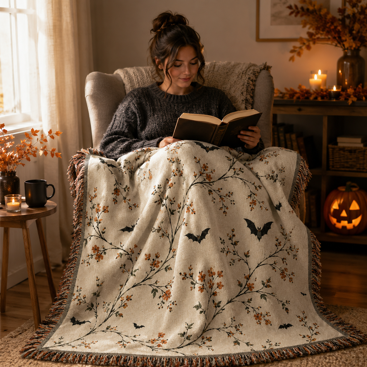 Reader using a soft botanical bat Halloween woven blanket in a cozy reading nook