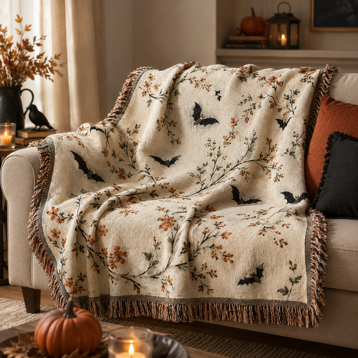 Soft botanical bat Halloween woven blanket draped over sofa with autumn decor