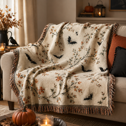 Soft botanical bat Halloween woven blanket draped over sofa with autumn decor