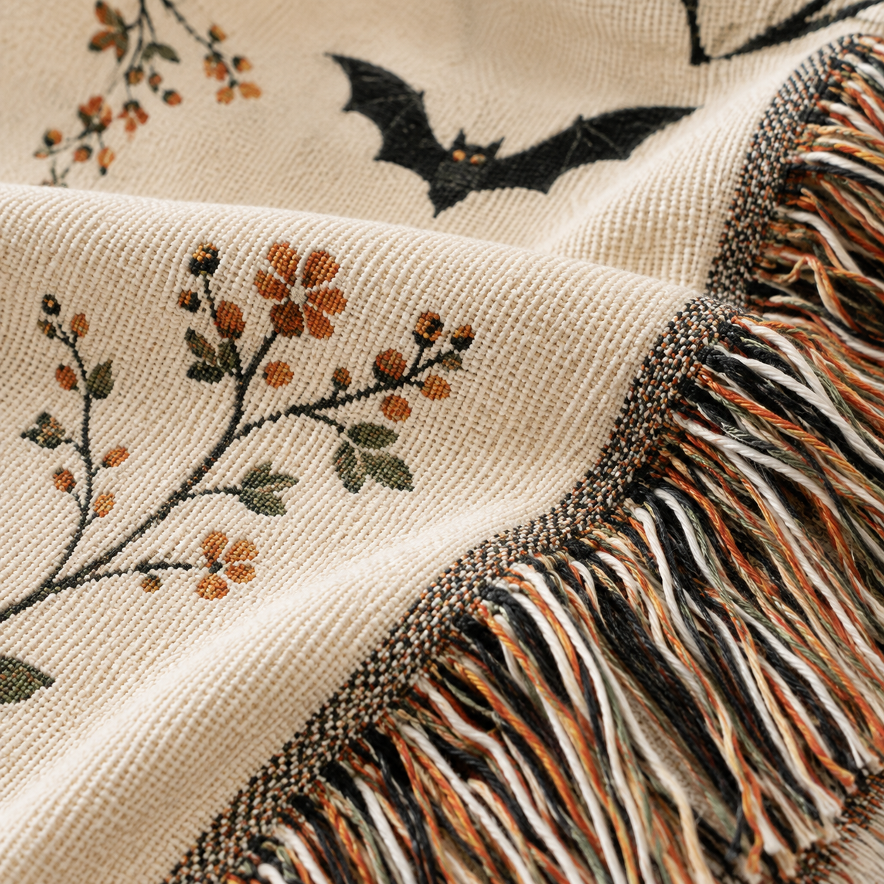 Macro detail of botanical bat woven blanket texture soft folds and multicolor fringe