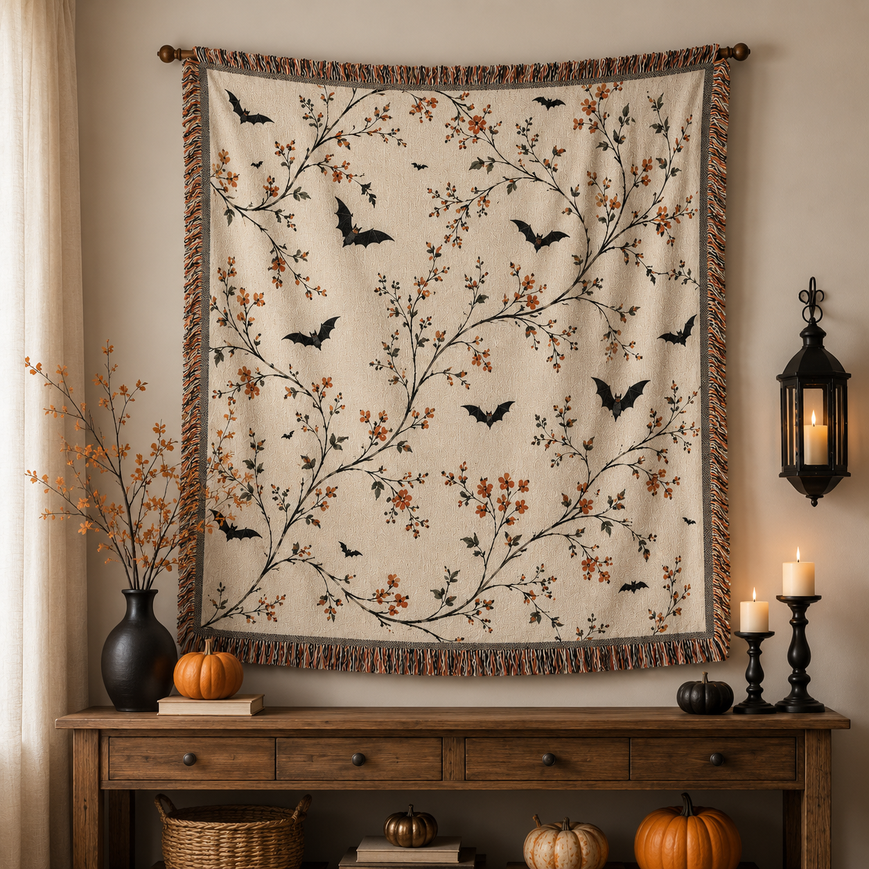 Botanical bat Halloween woven blanket displayed as elegant seasonal wall decor