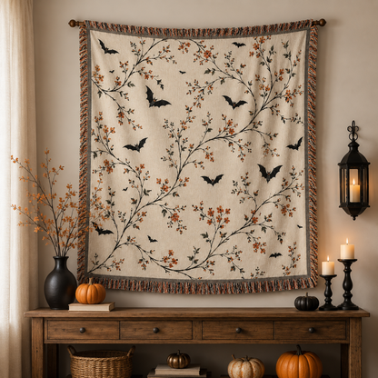 Botanical bat Halloween woven blanket displayed as elegant seasonal wall decor