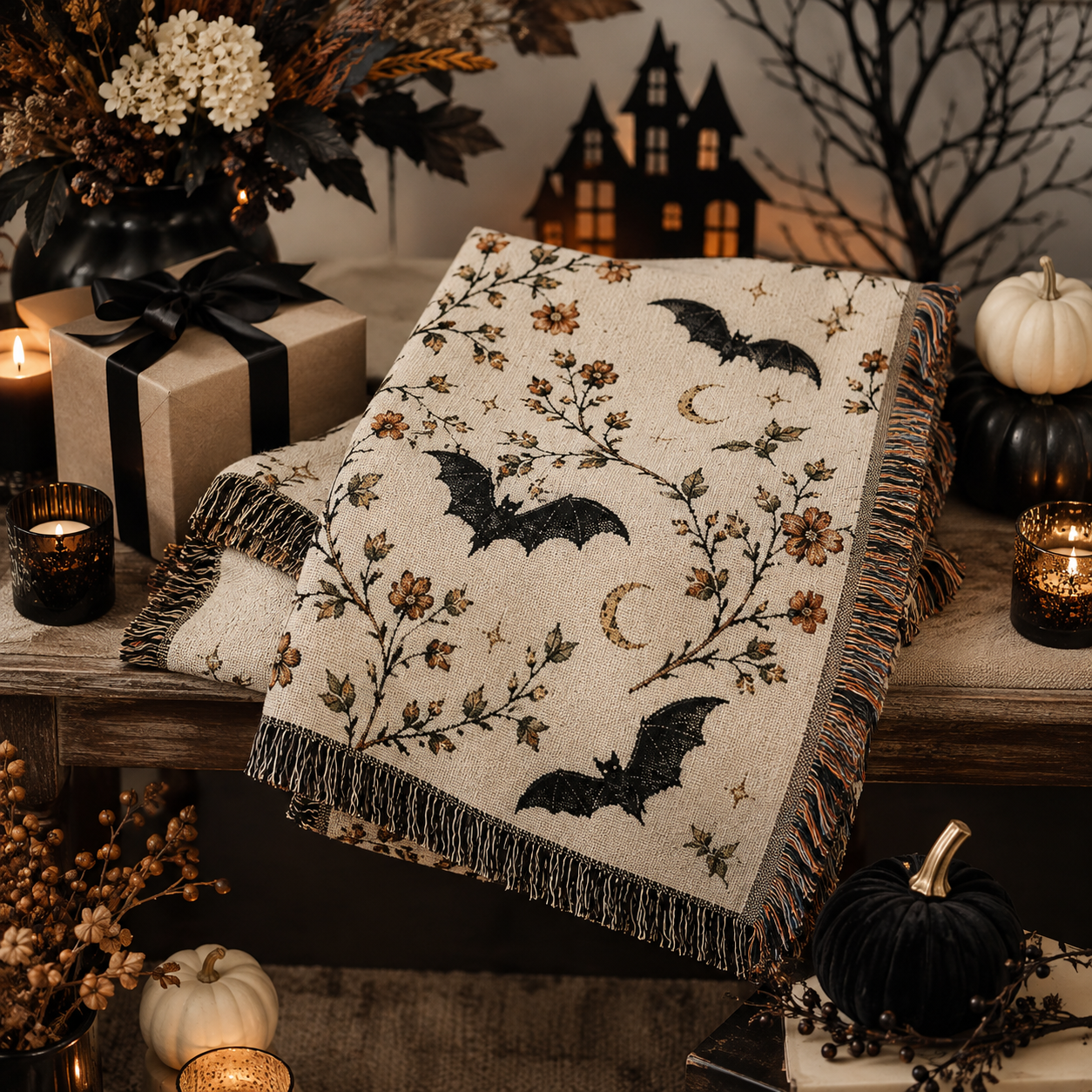 Botanical bat woven blanket arranged as a premium Halloween gift