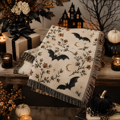 Botanical bat woven blanket arranged as a premium Halloween gift