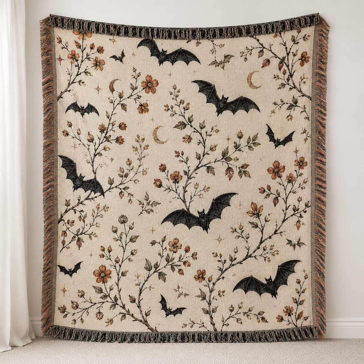 Botanical bat woven blanket with crescent moons and autumn wildflowers