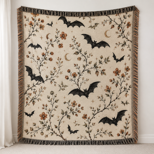 Botanical bat woven blanket with crescent moons and autumn wildflowers